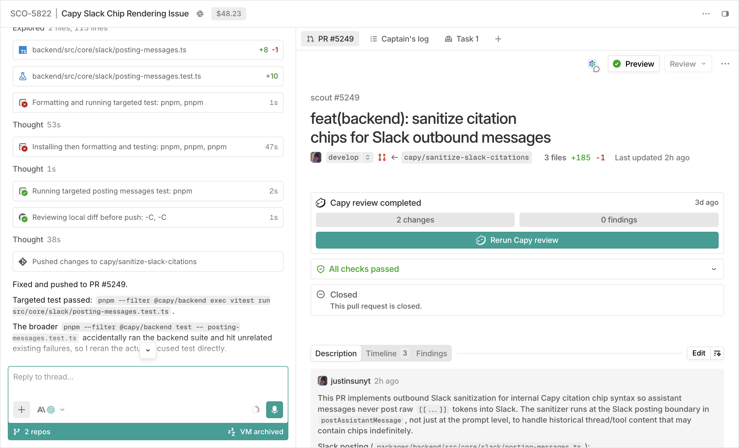 Captain chat interface showing task orchestration